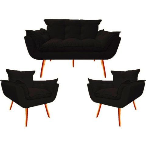 2 Poltr e Namoradeira Opala Decorativa Reforçada Suede Preto