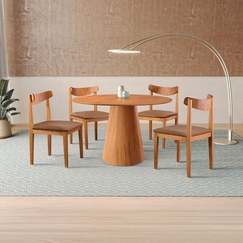 Conjunto Sala de Jantar Mesa Cone Amadeirada + 4 Cadeiras Aurora