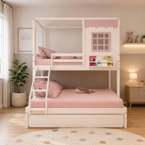 Treliche Infantil Casinha Reta Casal/ Solteiro Madeira Maciça Branco/ Rosa Megamobilia