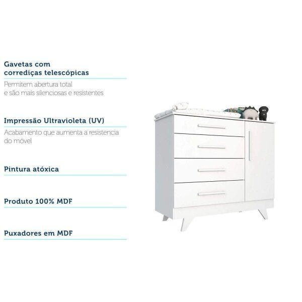 Cômoda de Bebê 1 Porta 4 Gavetas Retrô Móveis Peroba em MDF Branco