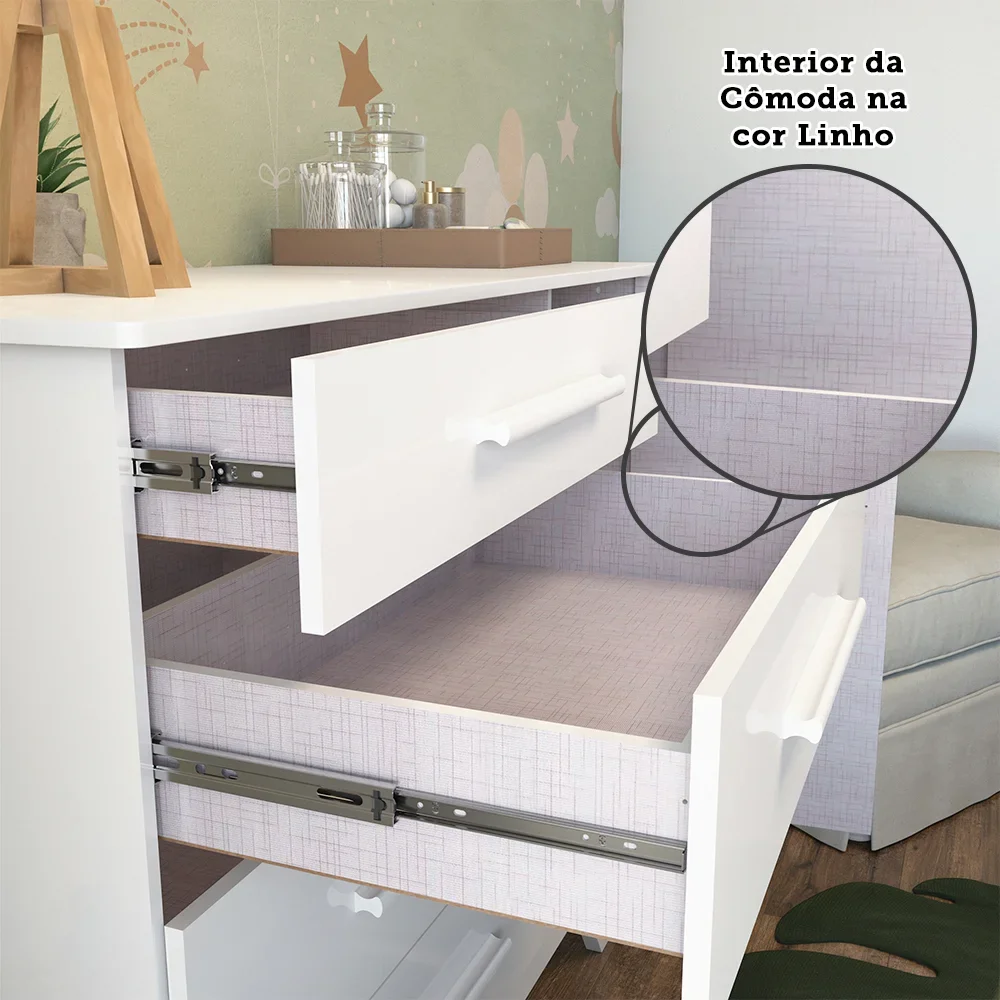 Cômoda de Bebê 1 Porta 4 Gavetas Retrô Móveis Peroba em MDF Branco