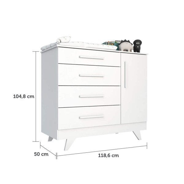 Cômoda de Bebê 1 Porta 4 Gavetas Retrô Móveis Peroba em MDF Branco