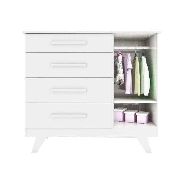 Cômoda de Bebê 1 Porta 4 Gavetas Retrô Móveis Peroba em MDF Branco