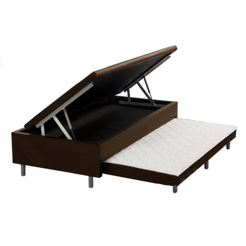 Cama Box Baú Solteiro com Auxiliar Marrom Sintético Espuma 88x188 com Pistao a Gás