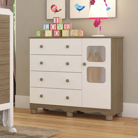 Cômoda Infantil 95cm 1 Porta com Janela e 4 Gavetas Mimo 100% MDF Espresso Móveis Branco/Brilho/Carvalho