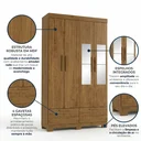 Ver imagem 4 de Guarda-Roupa Solteiro 4 Portas, 4 Gavetas, Pés e Espelho MDF Cambori Marrom/Cinamomo