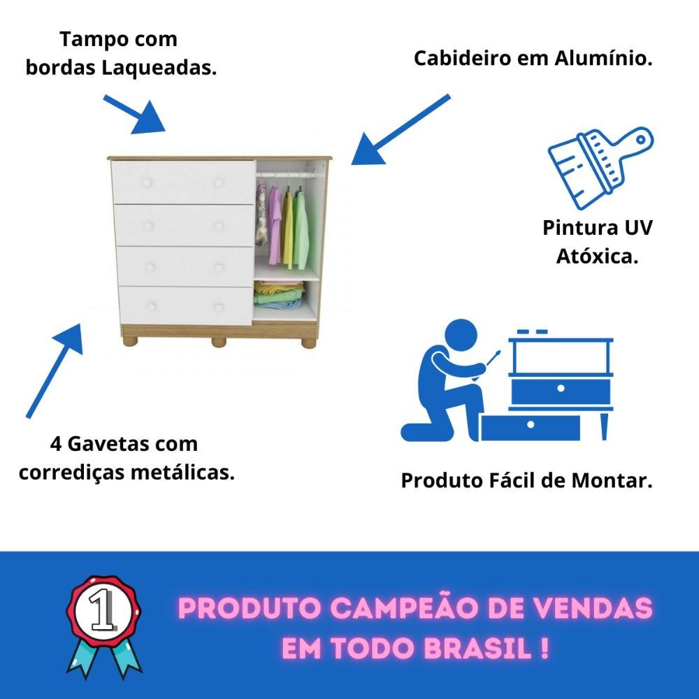 Quarto Bebê Completo Berço Americano Marquesa 3 em 1 Guarda Roupa 4 Portas Cômoda Uli 100% Mdf M - 7