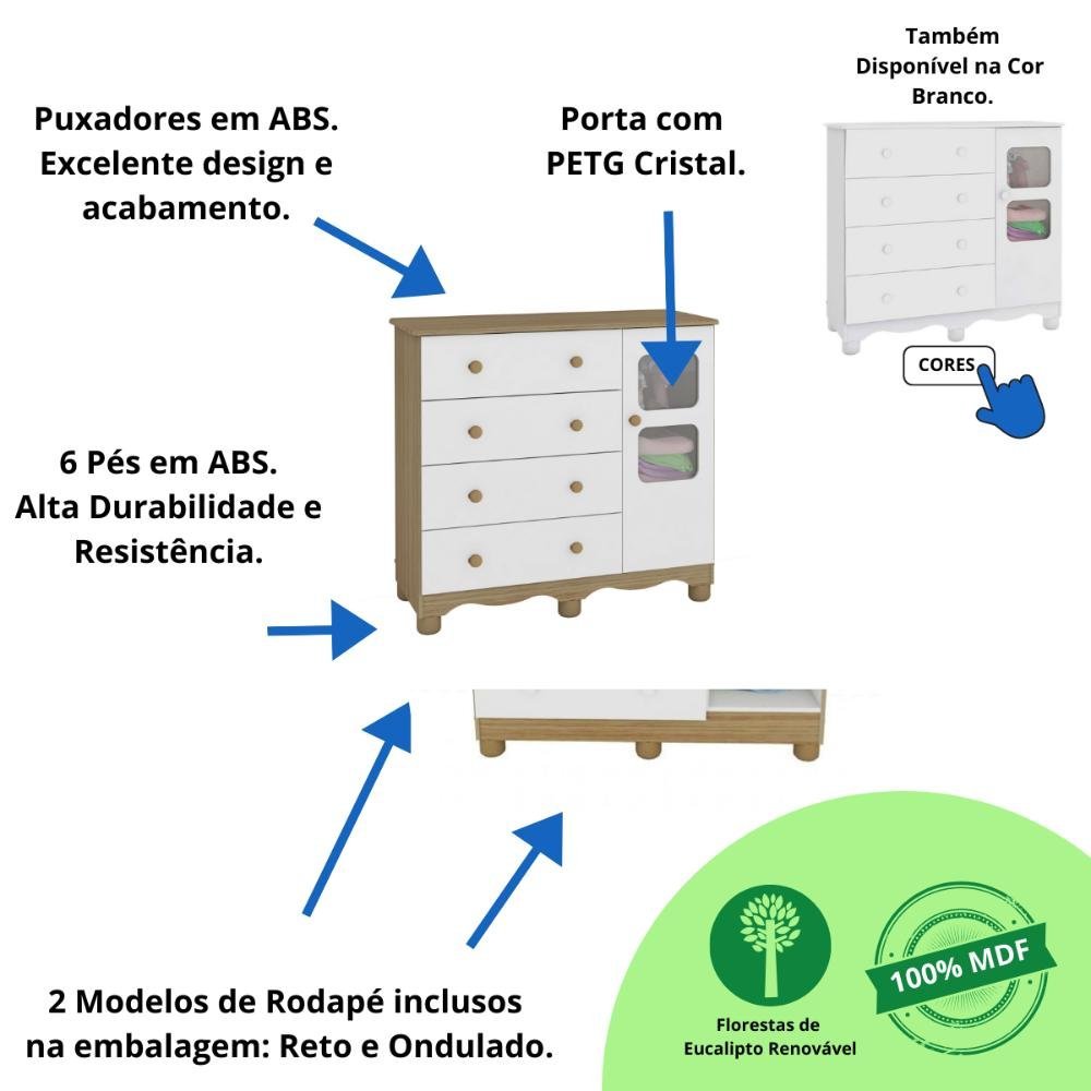 Quarto Bebê Completo Berço Americano Marquesa 3 em 1 Guarda Roupa 4 Portas Cômoda Uli 100% Mdf M - 6