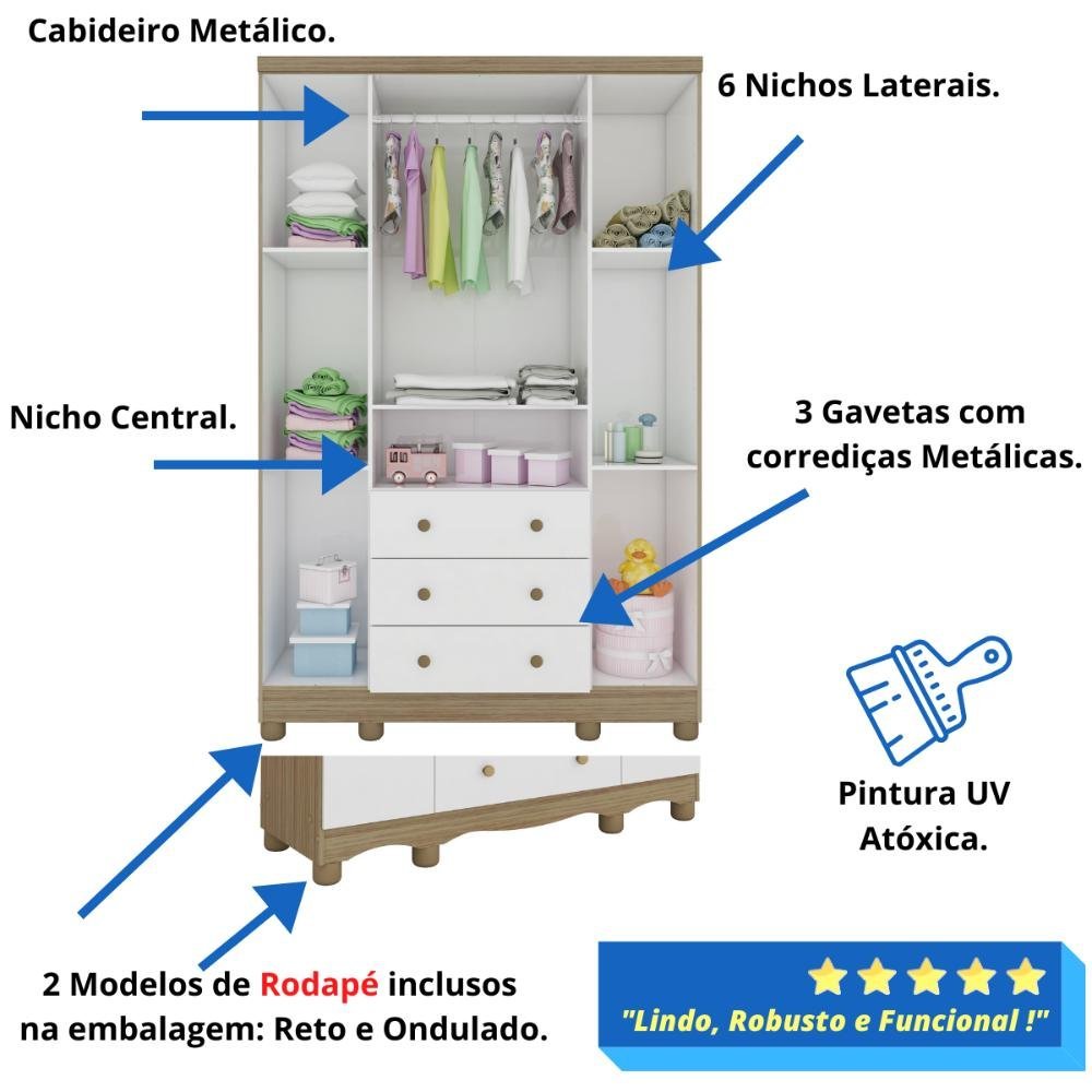 Quarto Bebê Completo Berço Americano Marquesa 3 em 1 Guarda Roupa 4 Portas Cômoda Uli 100% Mdf M - 9