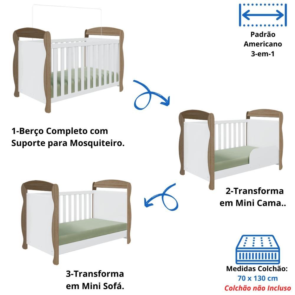 Quarto Bebê Completo Berço Americano Marquesa 3 em 1 Guarda Roupa 4 Portas Cômoda Uli 100% Mdf M - 3