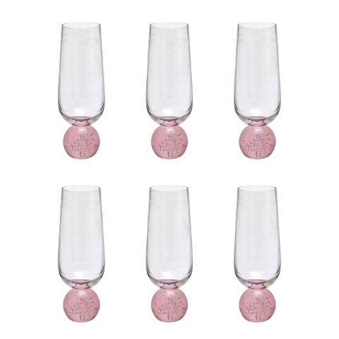 Kit 06 Taças Champanhe de Vidro Base Esfera Rosa 260ml 17cm 17159-Pl