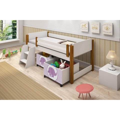 Cama Solteiro Paty Branco com Mel com Baú Adesivado Filhote Lilas