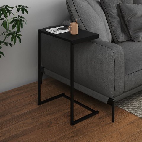 Mesa Lateral de Apoio Industrial Sofá Charmme Ferro Preto e Tampo Preto