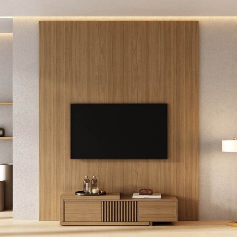 Rack Extensível Ripado com Painel TV 75 Polegadas 200x250cm Aruá CabeCasa MadeiraOriginals Marrom