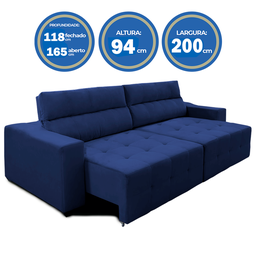 Sofá Top Lubeck Plus 2 metros 3 Lugares Reclinável e Retrátil Suede Azul - Sofá na Web - 3