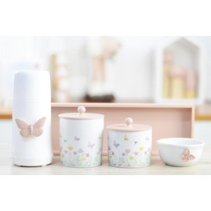 Kit Higiene Porcelana Maternidade Bebê Borboletas Rosê K174 Quarto Infantil Potes Algodão Cotonete