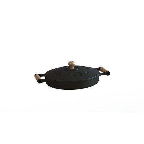 Frigideira Ferro Fundido Com Tampa E Alças De Madeira 28 Cm