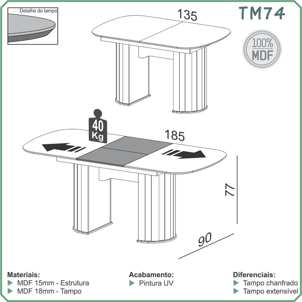 Mesa Extensível Nature Tm74 Tampo Off White com Base Freijo Ripada 135x185 Cm - 70045 - 5