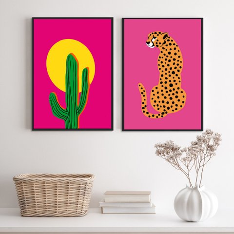 Kit 2 Quadros Rosa Pink - Leopardo e Cacto 33x24cm:madeira Branca