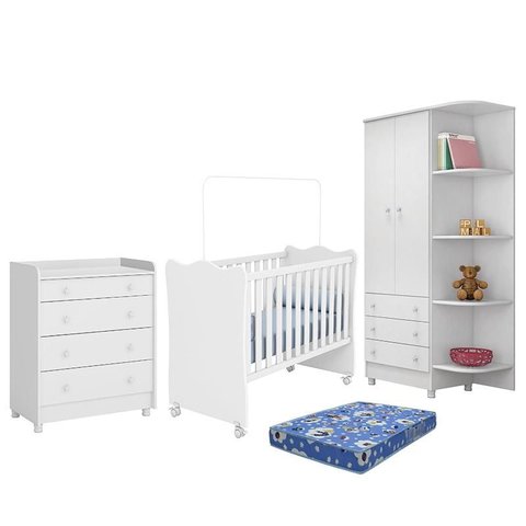 Dormitório Doce Sonho 2 Portas, Cômoda Trocador, Berço Branco com Rodízio e Colchão - Qmovi