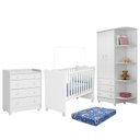 Ver imagem 1 de Dormitório Doce Sonho 2 Portas, Cômoda Trocador, Berço Branco com Rodízio e Colchão - Qmovi