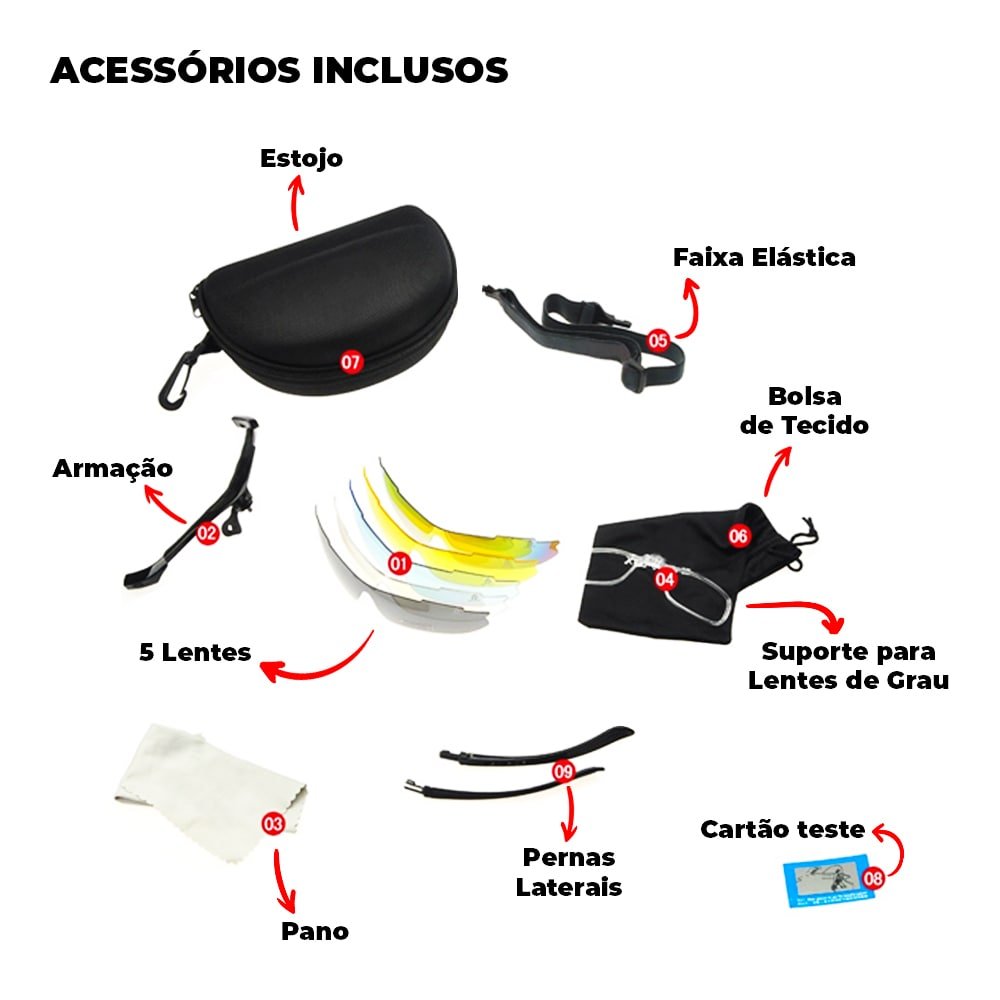 Óculos Esportivo com Cinco Lentes Proteção UV400 - Vermelho - 5