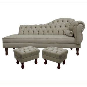 Divã Recamier Namoradeira Larissa 160cm com Capitonê - Esquerda + 02 Puffs Retrô Suede:cinza