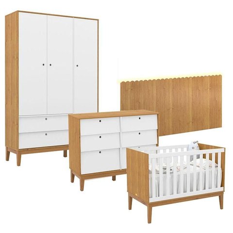 Quarto de Bebê Unique 3 Portas com Cômoda 6 Gavetas e Painel Farm com Led Freijó Branco Soft Eco Woo