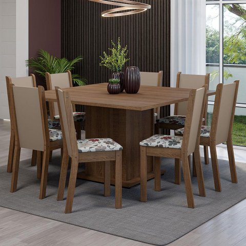 Conjunto Sala de Jantar Mesa Tampo de Madeira 8 Cadeiras Rustic/crema/hibiscos Marisa Madesa