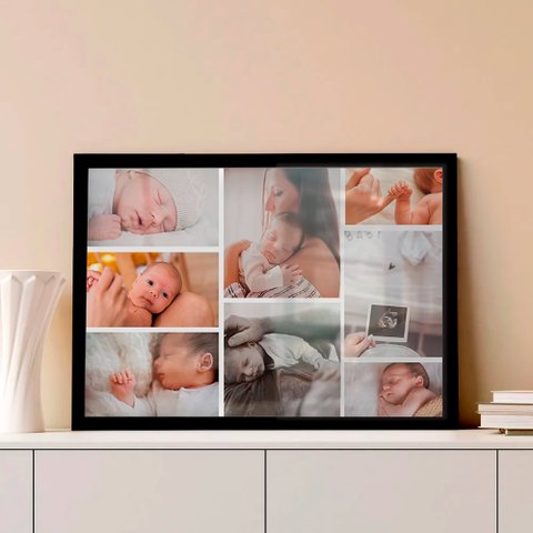 Quadro Personalizado Multifotos Baby em Moldura Caixa Tacolado Moldura Trad 1cm Madeira Escura sem V