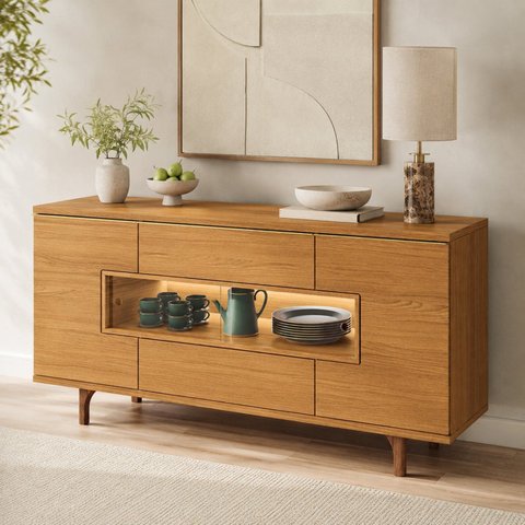 Balcão Buffet 160cm 5 Portas 1 Gaveta com LED e Pés em Madeira Maciça Ícaro Espresso Móveis