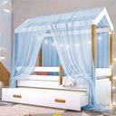 Ver imagem 4 de Cama Montessori Cabana Com Auxiliar Cordão Led E Dossel Azul
