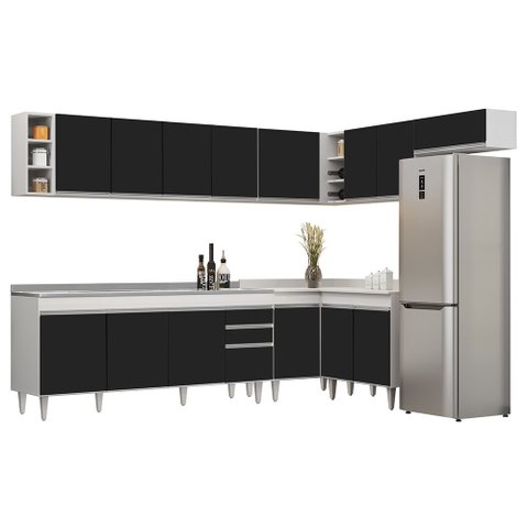 Armário de Cozinha Modulado de Canto 8 Peças Cp27 com Pia Inox Branco/preto - Lumil Lumil Móveis