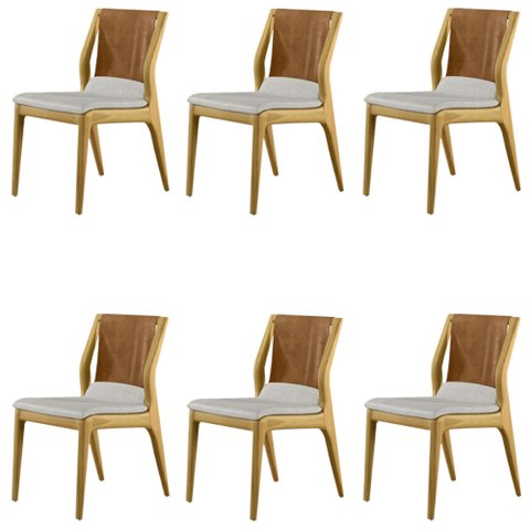 Kit 6 Cadeiras Decorativas Sala de Jantar Madeira Maciça Bruyne PU/Linho Marrom/Bege - Gran Belo