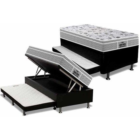 Cama Box Baú C/auxiliar Solteiro: Colchão Espuma Probel D45 / Ep Plus Pillow + Base Black(88x188)