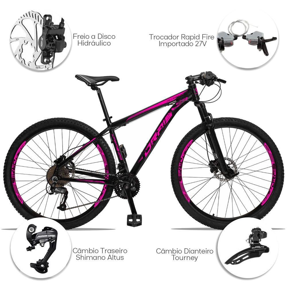 Bicicleta Aro 29 Drais 27V Freio Hidráulico Alumínio MTB Preto/Rosa 15" - 197 - 4