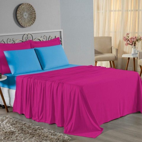 Jogo de Cama Casal Viúva Nobre 4 Peças Malha 100% Algodão - Pink / Turquesa