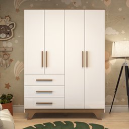 Guarda Roupa Infantil 4 Portas 3 Gavetas em MDF Kakau Retrô  Branco Brilho/Carvalho - 6