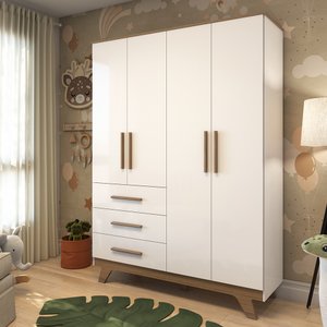 Guarda Roupa Infantil 4 Portas 3 Gavetas em MDF Kakau Retrô Branco Brilho/Carvalho