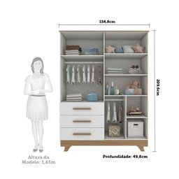 Guarda Roupa Infantil 4 Portas 3 Gavetas em MDF Kakau Retrô  Branco Brilho/Carvalho - 3