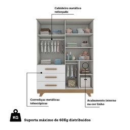 Guarda Roupa Infantil 4 Portas 3 Gavetas em MDF Kakau Retrô  Branco Brilho/Carvalho - 5