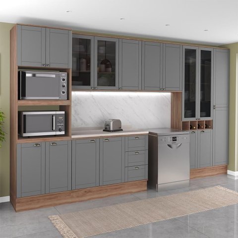 Cozinha Completa com Balcão Milla Pier 17 Portas 3 Gavetas 380cm Nogal com Cinza Titânio Móveis