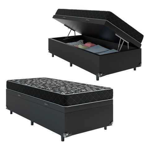 Cama Box Baú Solteiro + Colchão Smart Espuma D20 - 88x188x56cm - Preto