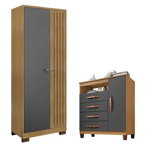 Cômoda Sapateira Cannes com Armário Multiuso Versatile 2 Portas com Chave Carvalho Americano Grafite