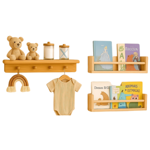 Kit Cabideiro +2 Prateleiras Infantil 50cm Pinus Montessori