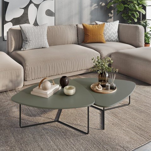 Kit 2 Mesas de Centro para Decoração Sala de Estar Metal Preto Design Orgânico Capri - Verde Sálvia