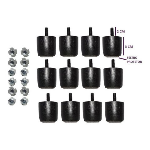 Kit com 12 Mini Pés Preto 3 Cm C/ Porcas P/ Cama Box Baú Queen King