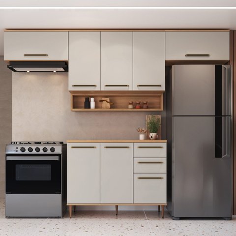 Cozinha Modulada 6 Peças com Tampo 120cm 8 Portas 2 Gavetas com Nicho Decorativo Isabelle Bege/Freijó/Arenas