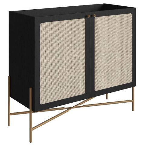 Balcão Bar Buffet 2 Portas Oslo Artesano 93 Cm (larg) Mdp Nero Palha Sintética Bege Pé Metal