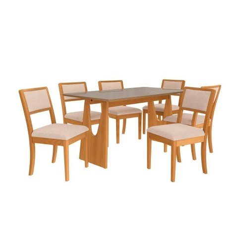 Sala Jantar Mesa Mila Premium Madeira Maciça C/ Tampo Madeirado C/ Vidro 160x90cm e 6 Cadeiras